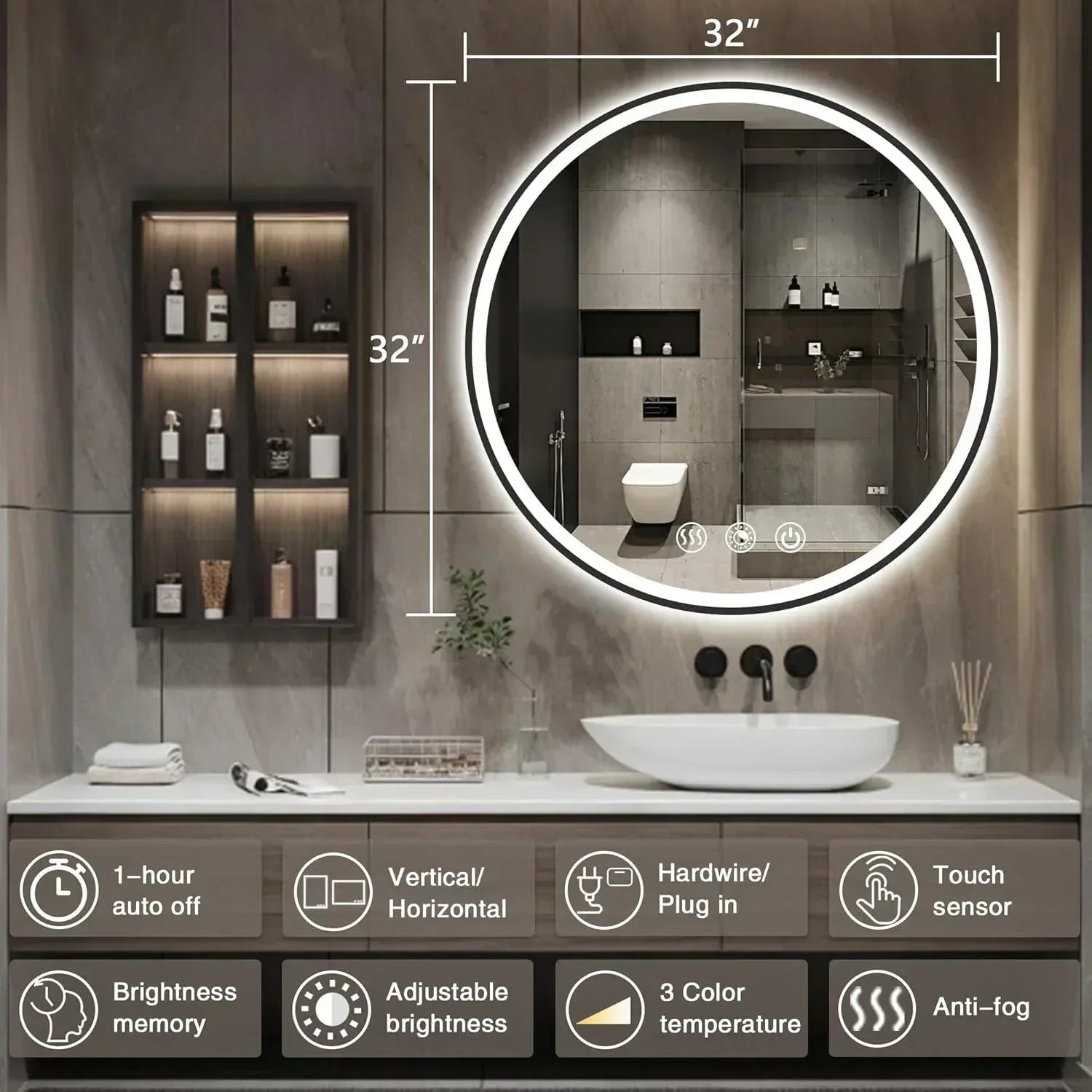 Round Black Frame LED Bathroom Mirror Dimmable Anti-fog