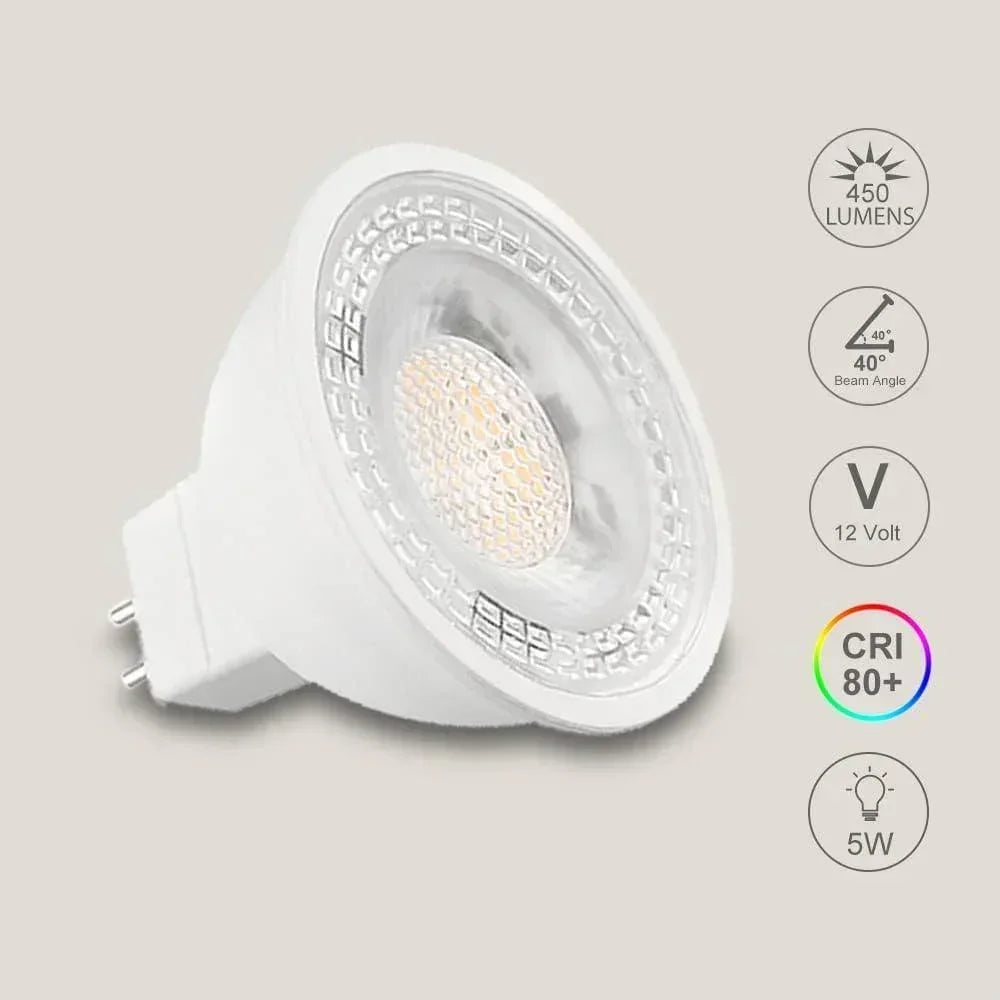 MR16 LED light bulb, 5W, 450 lumens, 12V, 40° beam, CRI 80+, energy-efficient design