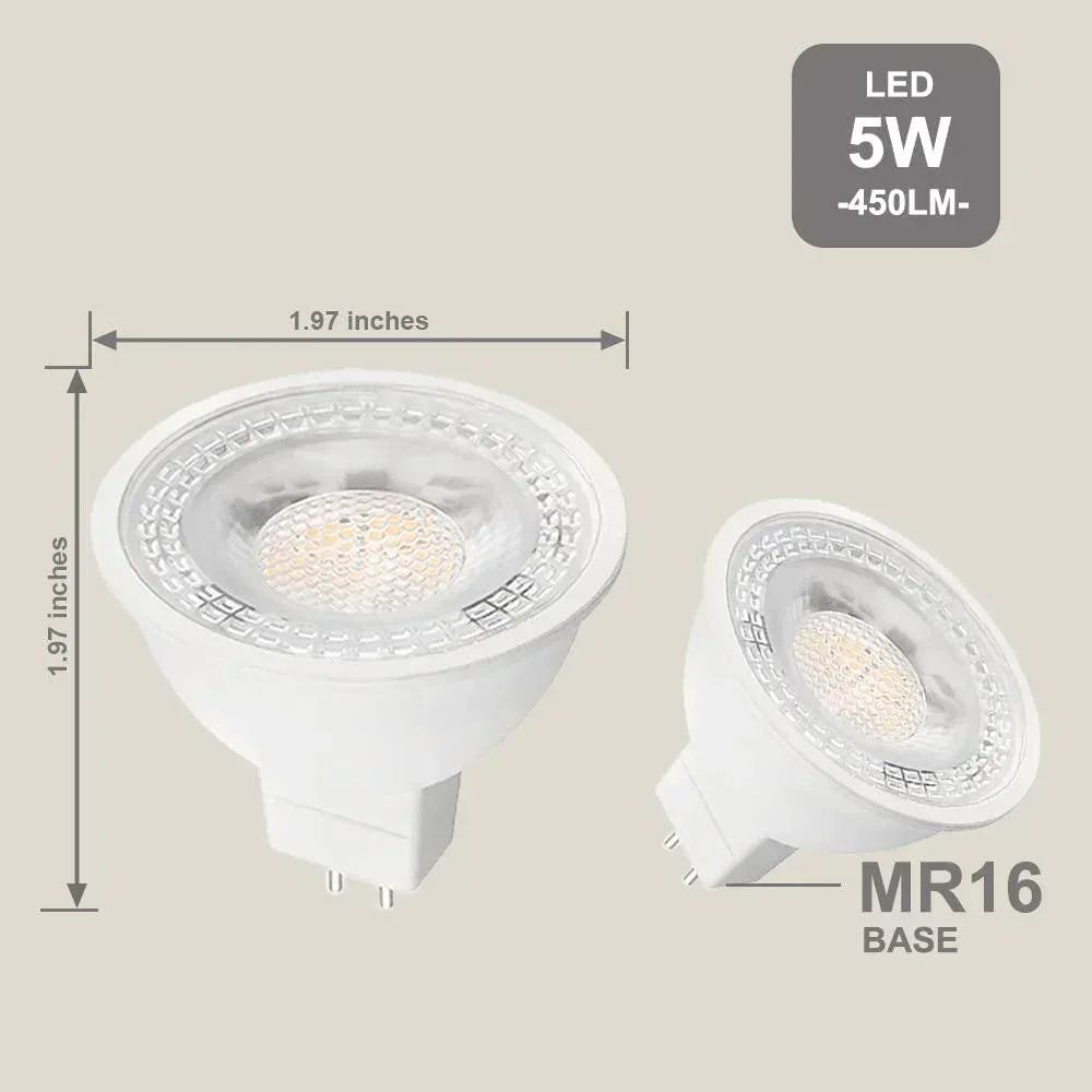 MR16 LED light bulbs, 5W, 450 lumens, white housing, energy-efficient, 1.97 inch size