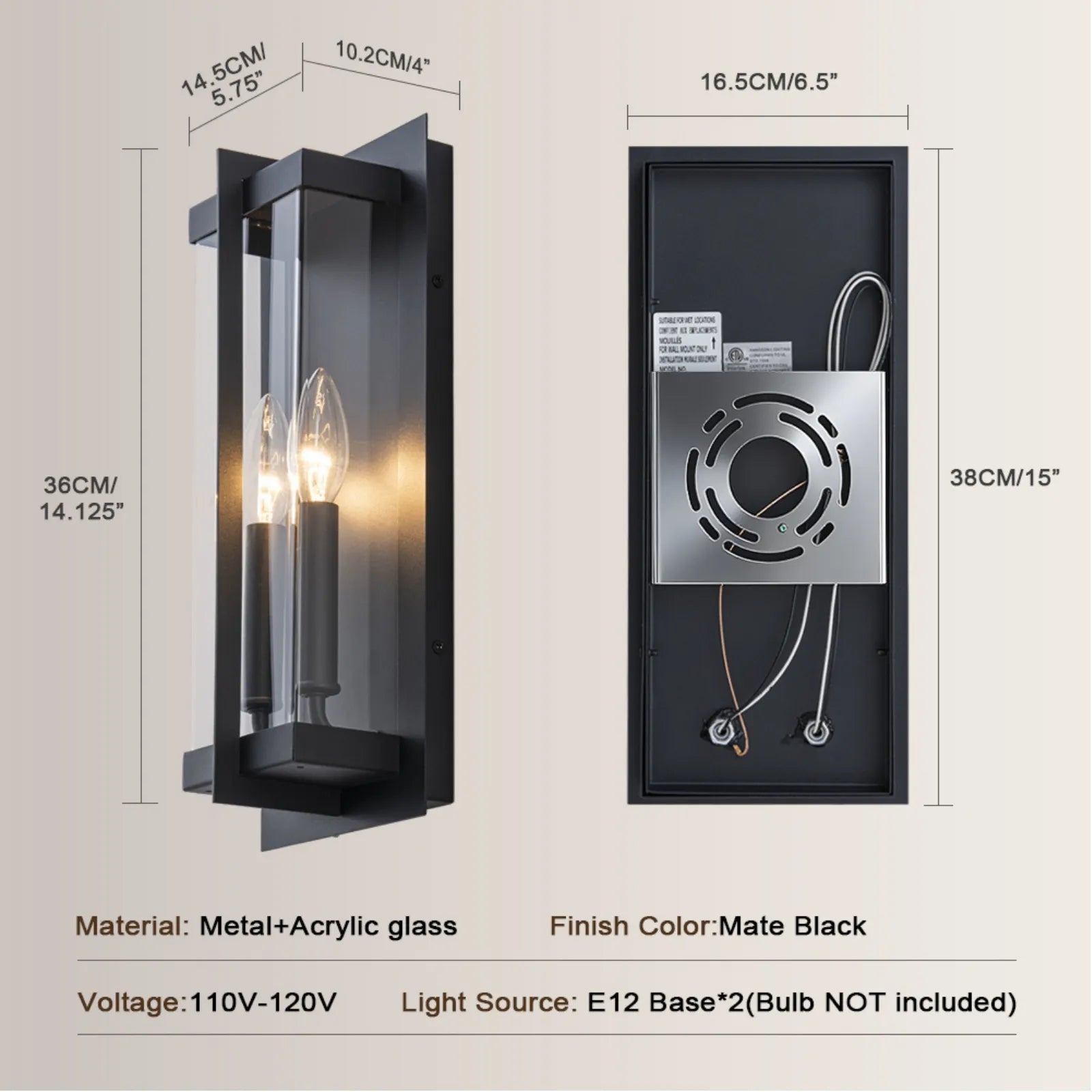 14.1" Acrylic Glass Outdoor Wall Light with 2-Light Candelabra