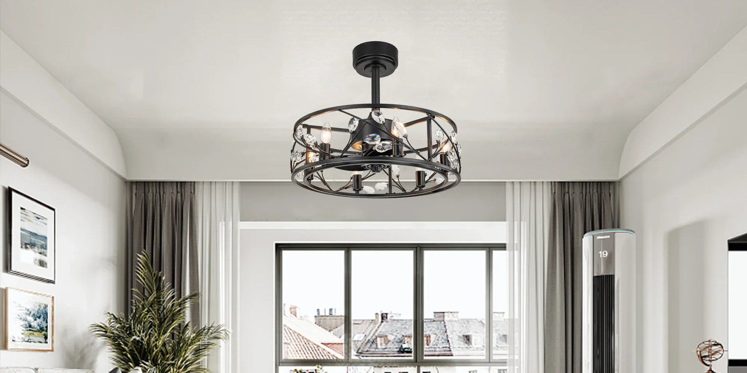 Modern LED ceiling light fixture with crystal accents in a bright living room setting