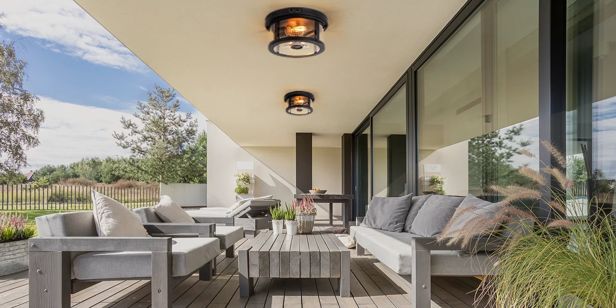 Outdoor Motion Sensor Ceiling Light - Industrial Style With Seeded Glass For Porch & Entryway