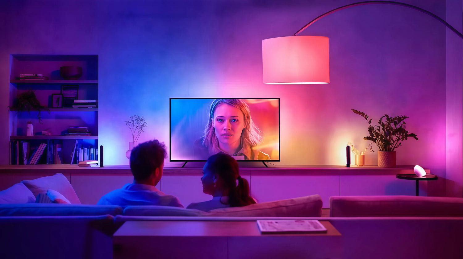 Cozy living room with RGB LED light bulbs creating colorful ambiance around a TV