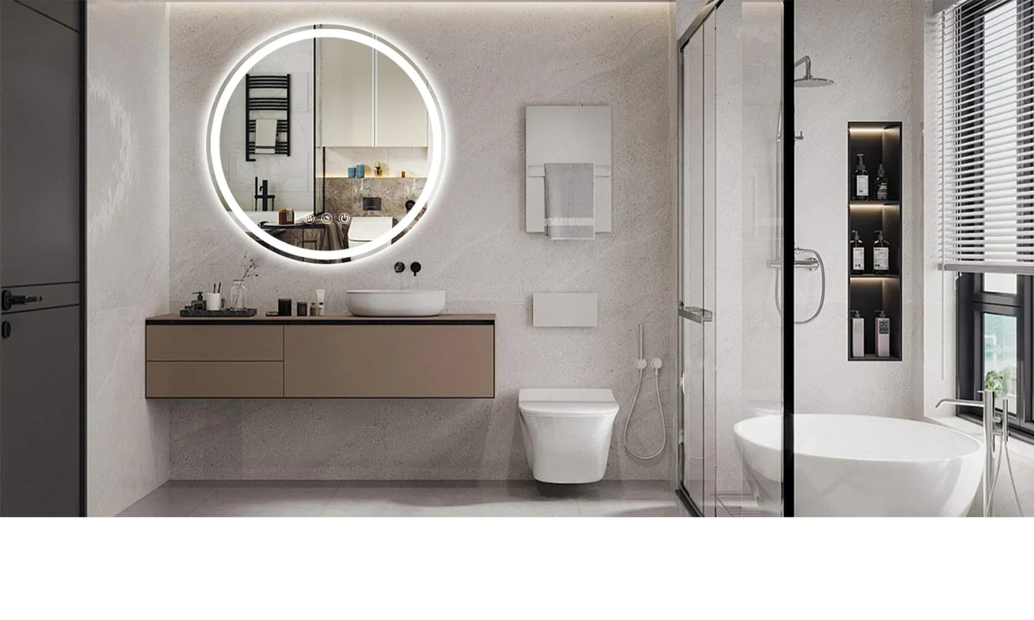 Modern bathroom with LED lighted round mirror, stylish vanity, shower, and freestanding tub