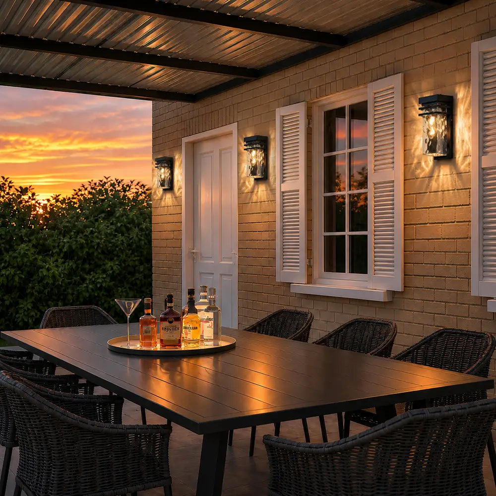 12" Black Outdoor Wall Lights with Water Seeded Glass