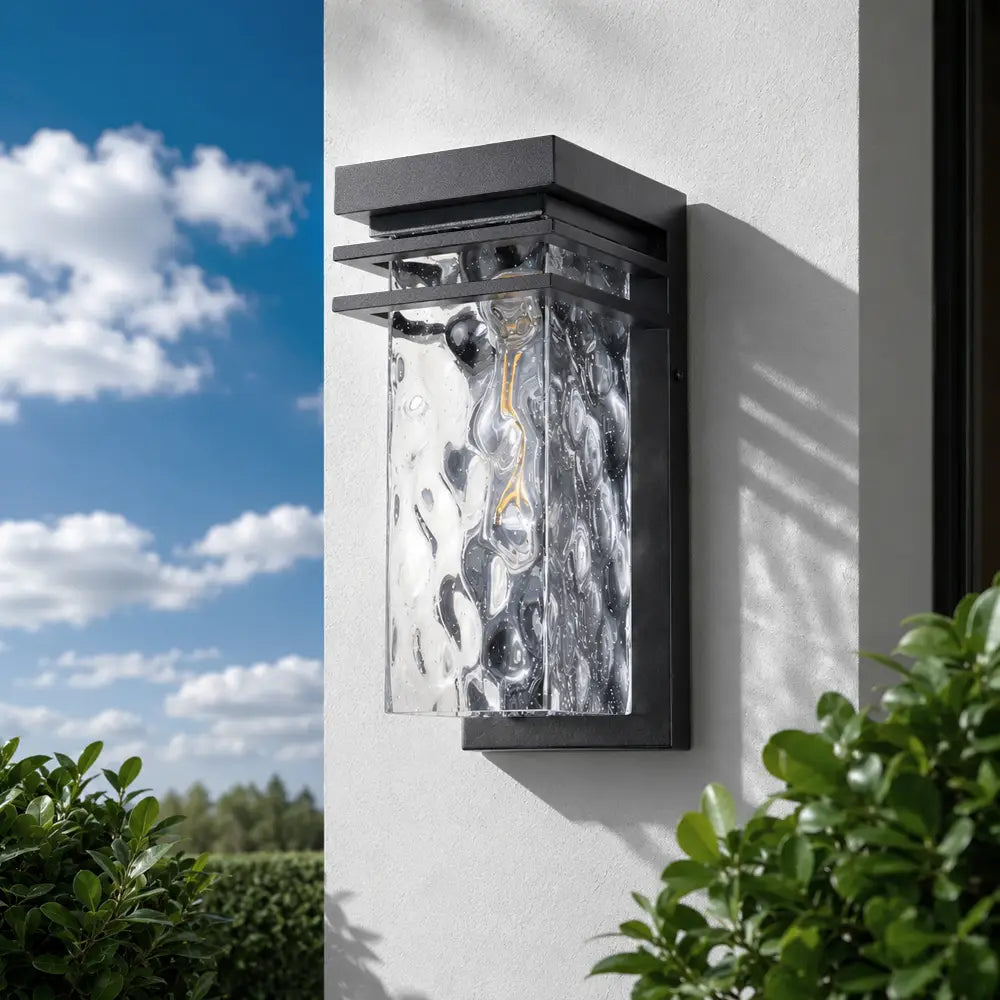 12" Black Outdoor Wall Lights with Water Seeded Glass