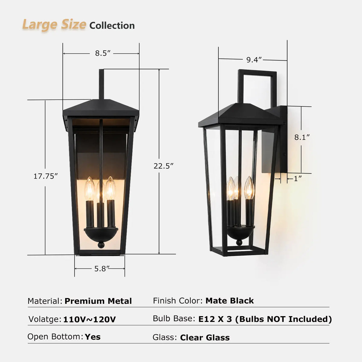 22.5” Outdoor Wall Light –  Black Lantern with Clear Glass