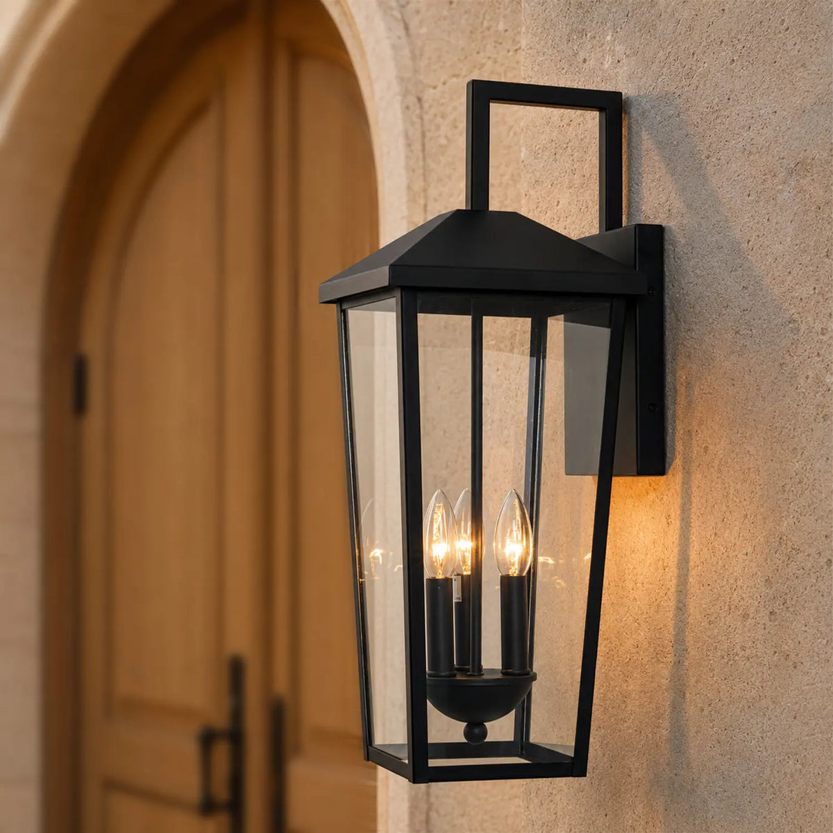 22.5” Outdoor Wall Light –  Black Lantern with Clear Glass