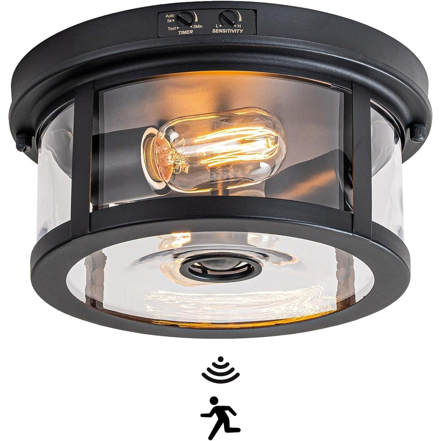 Round Motion Sensor Outdoor Ceiling Light with Clear Glass and 2-Light - FTL Outdoor Wall Lighting LED Light Bulbs