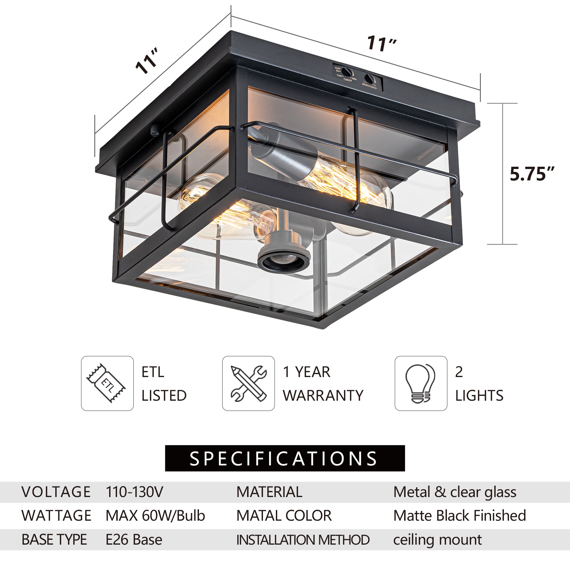 Square Motion Sensor Outdoor Ceiling Light with 2 Lights-076