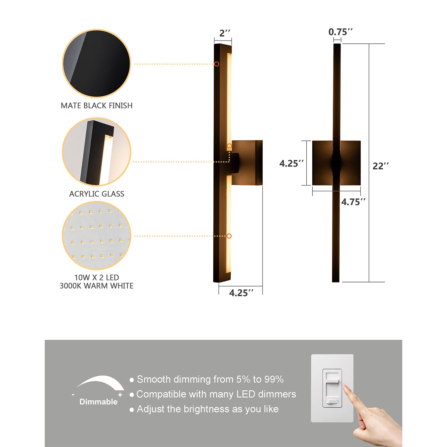 22" LED Outdoor Wall Lights with Acrylic - FTL Outdoor Wall Lighting LED Light Bulbs