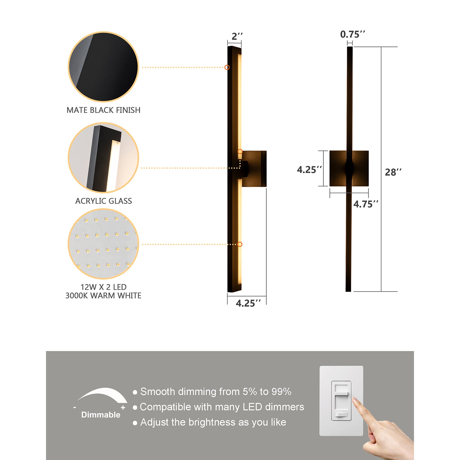 28" LED Outdoor Wall Lights with Acrylic Glass - FTL Outdoor Wall Lighting LED Light Bulbs