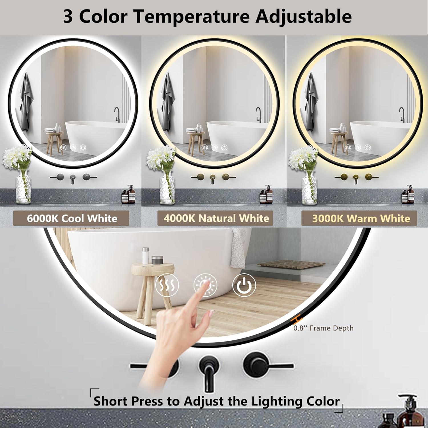 Round Black Frame LED Bathroom Mirror Dimmable Anti-fog - FTL Outdoor Wall Lighting LED Light Bulbs