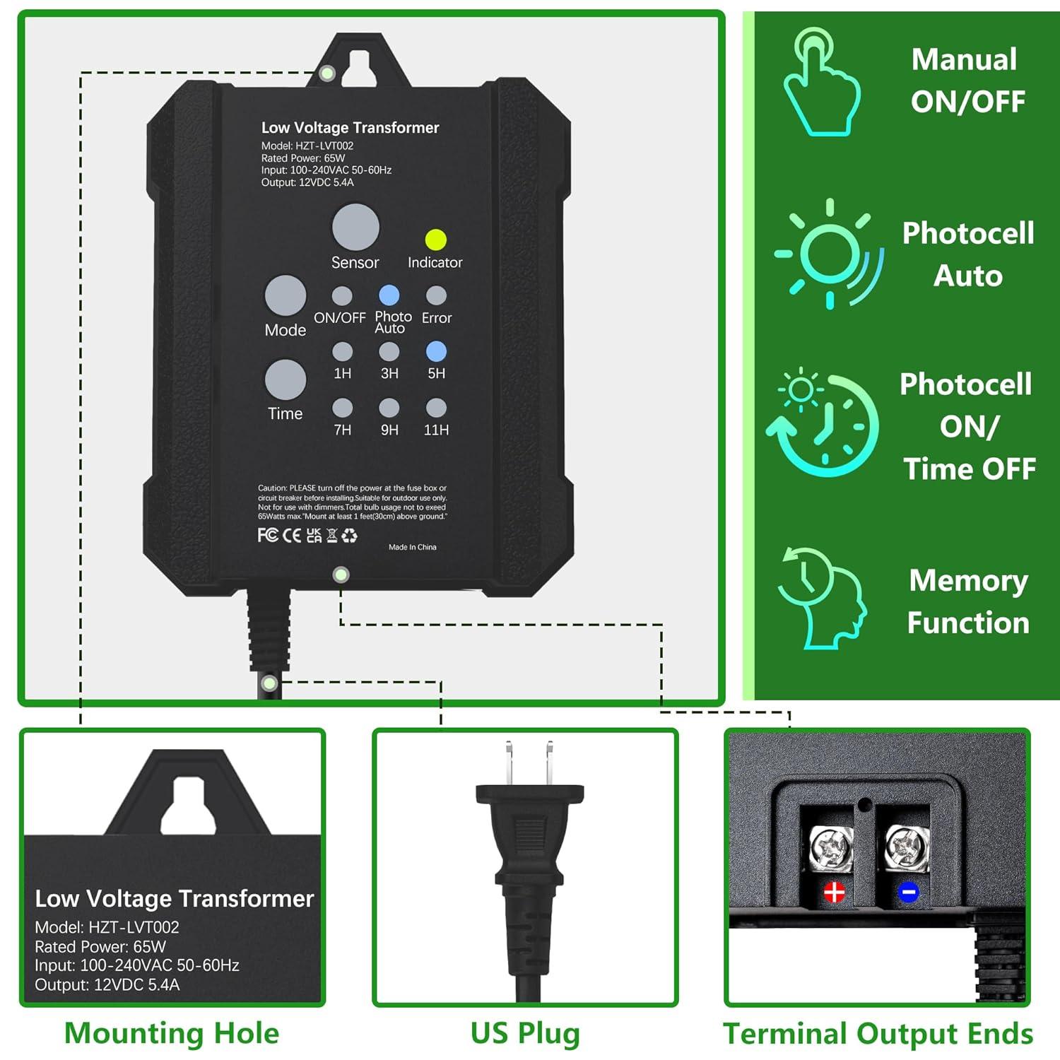 65W Transformer with Timer and Photocell Sensor 120V to 12V - FTL Outdoor Wall Lighting LED Light Bulbs