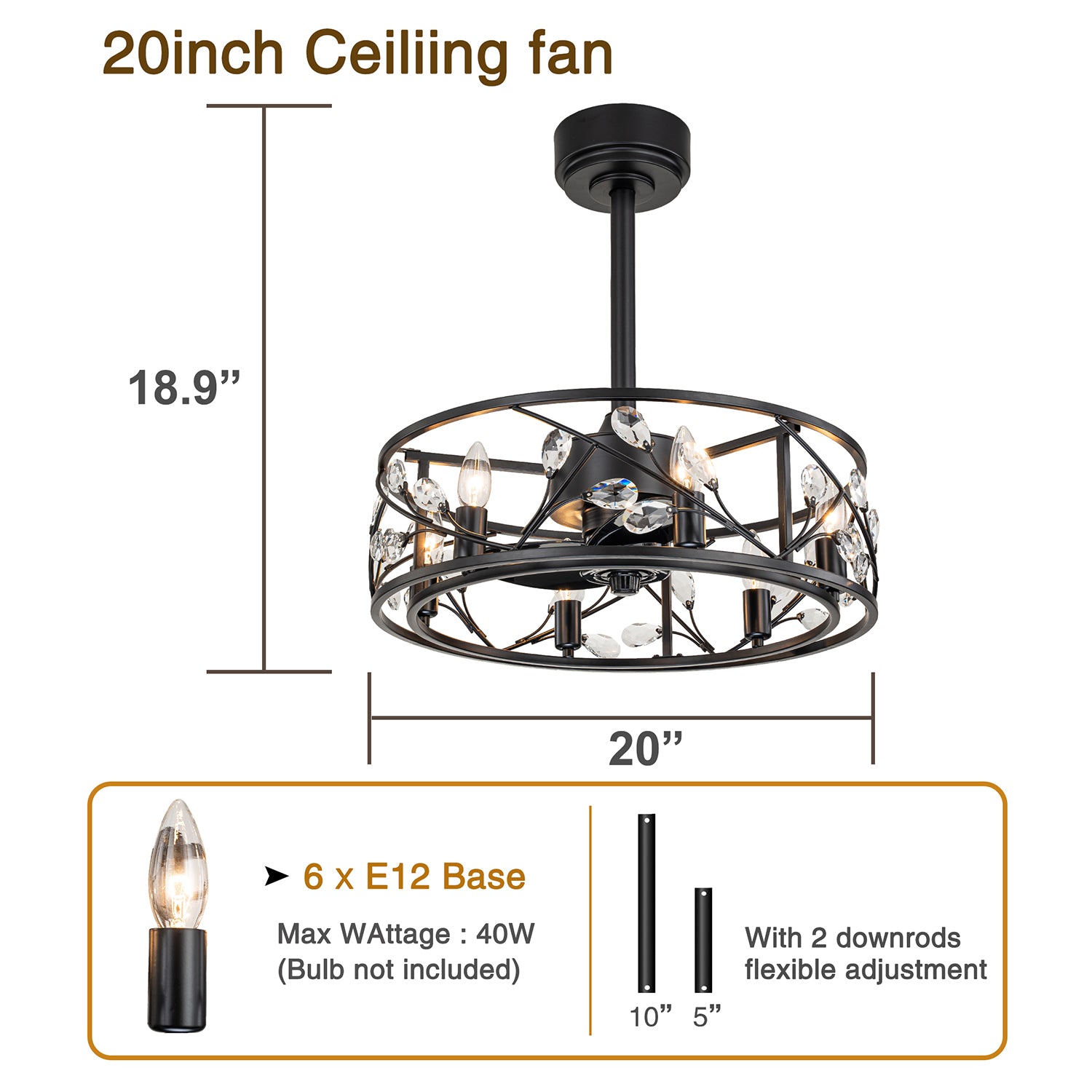 20" Crystal Caged Ceiling Fans with Light and Remote - FTL Outdoor Wall Lighting LED Light Bulbs