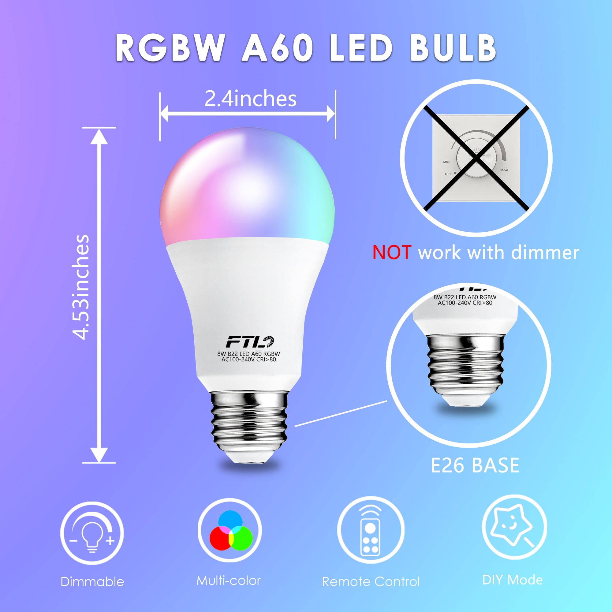 RGB Color Changing A19 8W LED Bulbs with Remote - FTL Outdoor Wall Lighting LED Light Bulbs