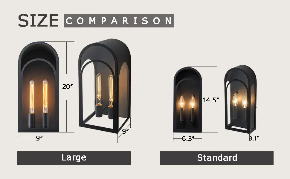 Size comparison of large and standard modern outdoor wall lights, black arched exterior wall sconces with 20-inch and 14.5-inch height options