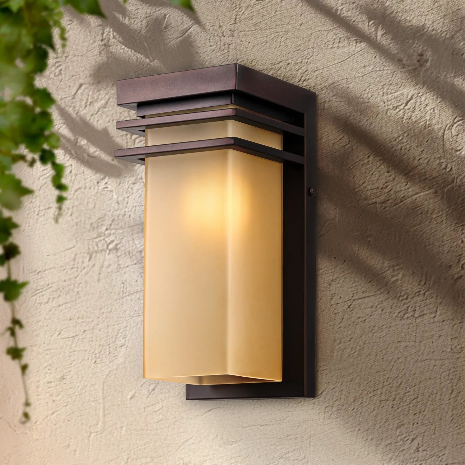 12" Bronze Outdoor Patio Lights with Antique Amber Glass