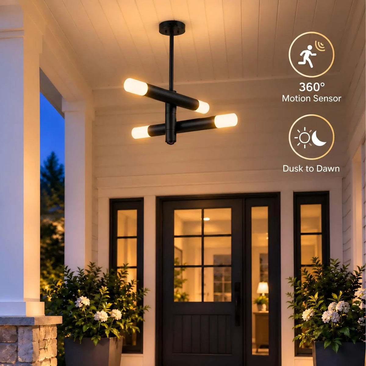 Outdoor Hanging Light with Motion Sensor & Dusk-to-Dawn LED – Black